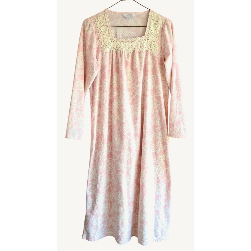 Charter Club Pink Floral Fleece Long Nightgown Sz PS Lace Trim Romantic Cozy